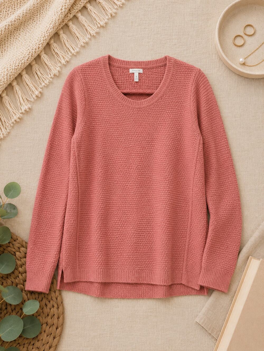 Madewell Women's Textured Knit Sweater Dusty Rose Crew Neck Side Slit Size M
